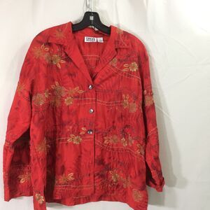 Vintage Y2K Chico's Design Red 100% Silk Embroidered Jacket Size 1 Button Front